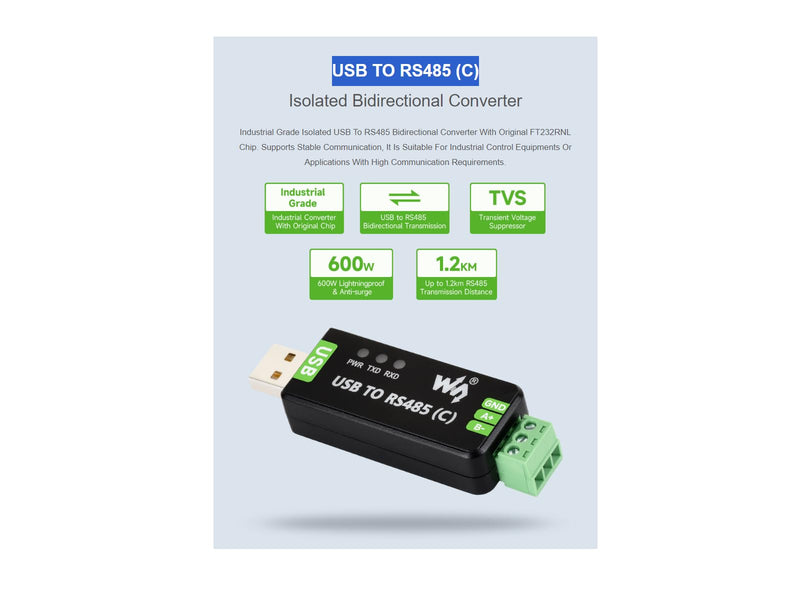 waveshare USB to RS485 (C) Converter Adapter with Original FT232RNL Chip,Industrial Grade Isolated Bidirectional Converter,ESD and TVS Protection,Compatible with Multiple Systems