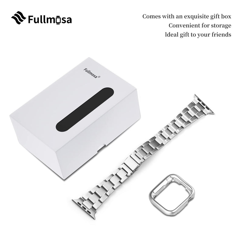 Fullmosa No-Tool Needed Band Compatible Apple Watch Band with Case 49mm 45mm 44mm 42mm Silver & Leather Apple Watch Band Strap with Silver Buckle 44mm 42mm 45mm Black