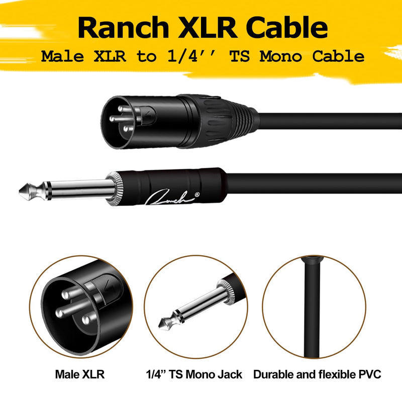 Ranch 2Pcs 25ft Male XLR to 1/4 TS Mono Jack Microphone Cable Quarter Inch to XLR Male Unbalanced Interconnect Cable - Black 2 Pack 25 Feet
