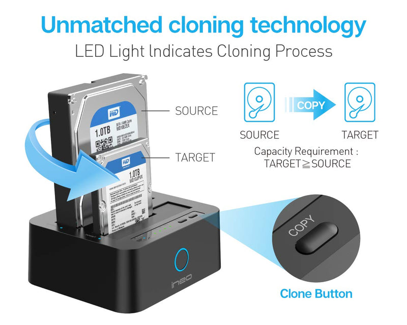 ineo USB 3.1 Gen1 to SATA 2.5" or 3.5 inch SSD/HDD Docking Station (Clone Docking)