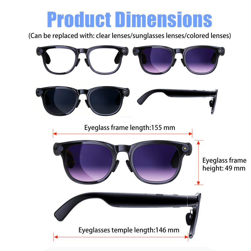 AI Smart Glasses with Camera,4K HD Camera Glasses with EIS Image Stabilization,Video Recording Glasses with AI Assistant,Wi-Fi+Bluetooth 6.0 Transfer,Replaceable 3 Lens,Real-Time Translation