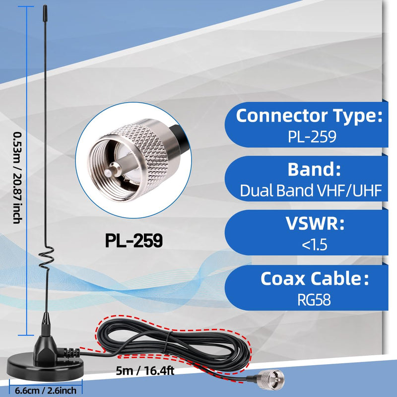 Dual Band Mobile Radio Magnetic Base Heavy Duty Mount Whip Antenna Kit with PL-259 Connector,16.4ft RG58 Cable Compatible for VHF UHF GMRS Car Truck Handheld Ham Radio Two Way Radios Antennas