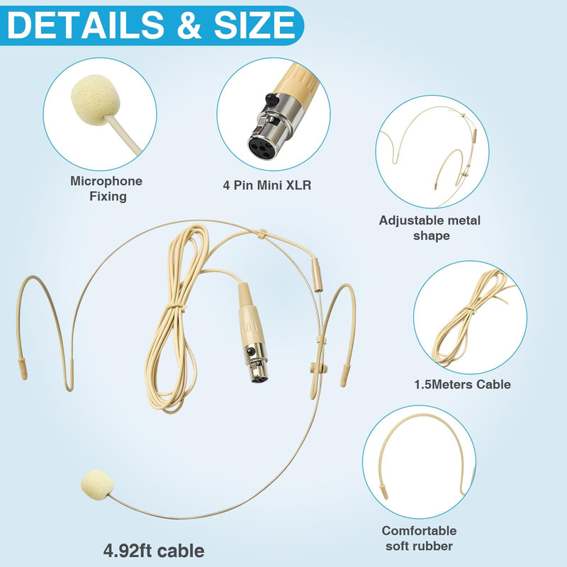2 Pack Headset Microphone for Singing Double Over Ear Earset 4 Pin Mini XLR Ta4f Plug Mic 1.5m Cable and Windscreen Head Hanging Condenser Omnidirectional Mic Compatible with Shure,Beige