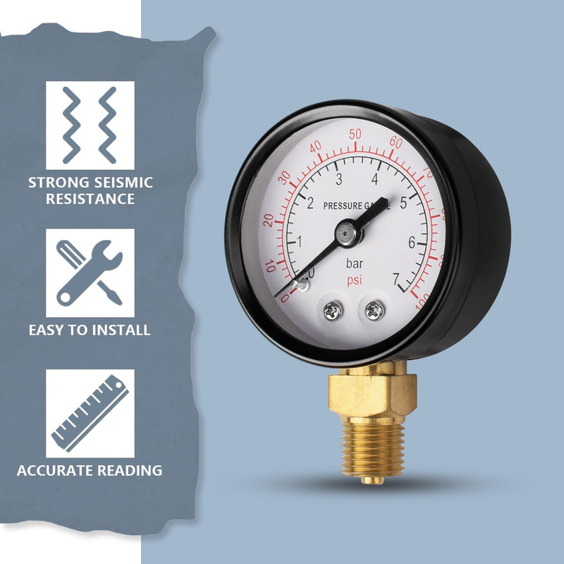Innfeeltech 50mm Well Pump Pressure Gauge BSP 1/4" 0-7 Bar, 0-100 Psi with Bushings & Nipple Reducer, 1 Teflon Tape, Radial 50MM, 7bar(100psi)