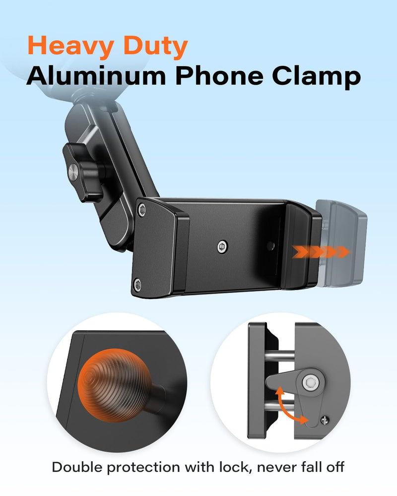 A2C Heavy Duty Suction Cup Phone Mount with Aluminum Alloy Arm & Clamp, 66LBS Vacuum Suction Phone Mount for Windshield Dashboard, Universal Car Phone Holder for All Phones Fit Jeep Wrangler, F150
