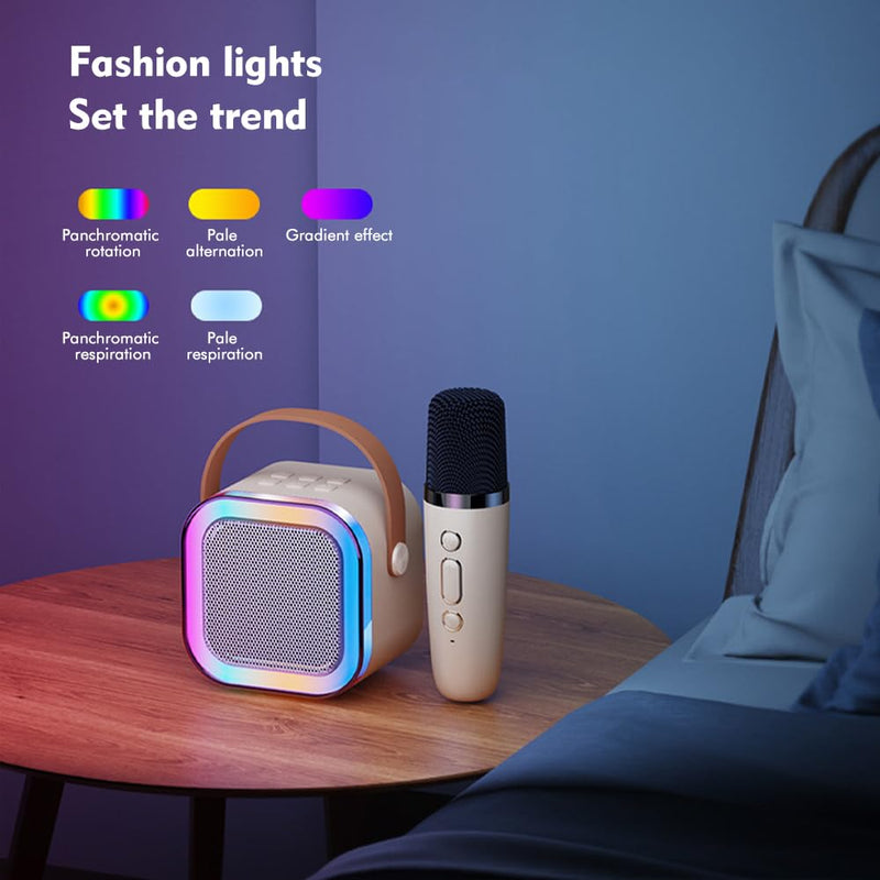 Pilarmuture Mini Karaoke Machine with 2 Wireless Microphones, Dual Noise Reduction, Voice Change with Multiple Modes, Bluetooth, White