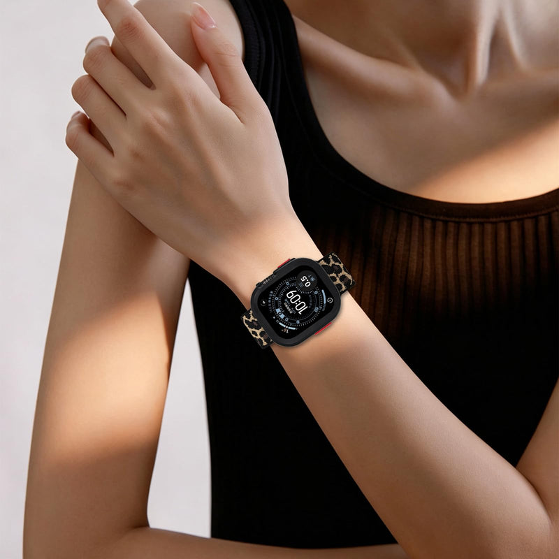 2-in-1 Stretchy Leopard Band Bumper Case for Apple Watch Series 9 SE Ultra | Elastic Cheetah Print Nylon Watch Strap Soft Protective Cover for Women Compatible with iWatch 40/41/44/45/49mm Sport Brown + Black 49mm for iWatch Ultra 3/2/1