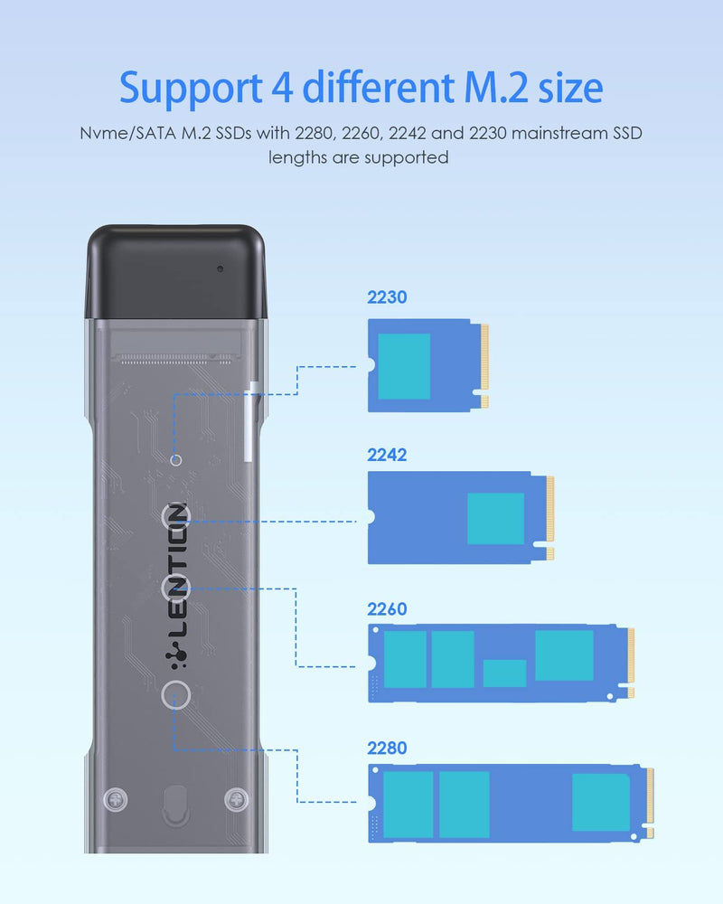 LENTION USB C to NVMe & SATA M.2 SSD Enclosure, USB 3.1 Gen 2 M Key & B&M Key Hard Drive Adapter, Supports UASP for SSD Size 2280/2260/2242/2230, Compatible Mac OS, Windows, More (CB-C9E, Space Gray)