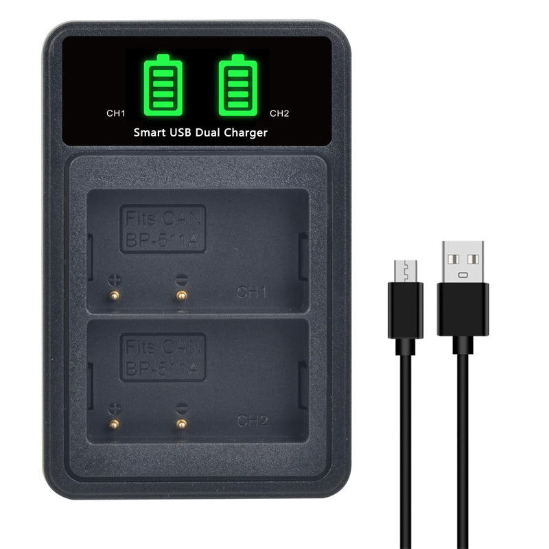 2-Pack BP-511 BP-511A Battery and LED Dual Battery Charger for Canon EOS 5D 10D 20D 20Da 30D 40D 50D 300D D30 D60 Rebel PowerShot G1 G2 G3 G5 G6 Pro 1 Pro 90 Pro 90IS