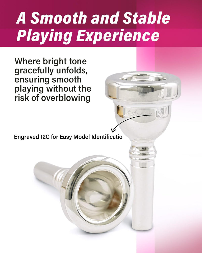 Libretto 12C Trombone Mouthpiece, 2μm Silver Plated Mouthpiece w/Vacuum Packing, Small Shank Compatible with Alto Trombone & Baritone, Designed for Beginner, Student, Jazz Player