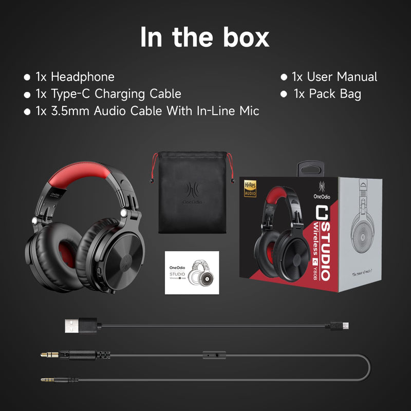 OneOdio Bluetooth Over Ear Headphones, 110 Hrs Wireless/Wired Stereo Sound Foldable Headsets with Deep Bass 50mm Neodymium Drivers for PC/Phone/Tablet - Studio Wireless Pro C, Red