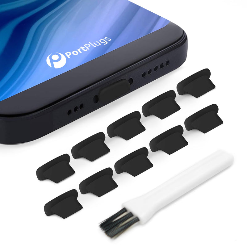 Anti Dust Plugs (10 Pack) - Includes Charging Port Cleaning Brush - Flat Design Port Protector Cover - Compatible w/iPhone 14, 13,12,11 & Air Pods - Black