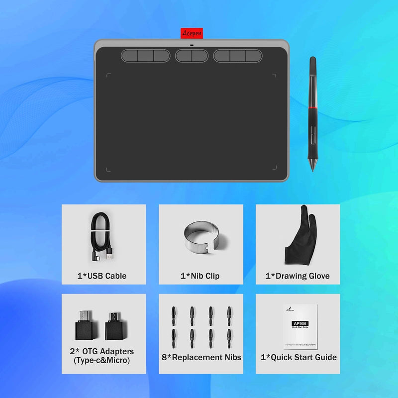 9x6 inch Graphics Drawing Tablet, Acepen Drawing Tablet with Battery-Free Stylus, 8192 Pen Pressure, 8 Hot Keys, Digital Art Tablet for Drawing, Design, Teaching, Work with Mac, Computer, PC & Mobile 9 inch