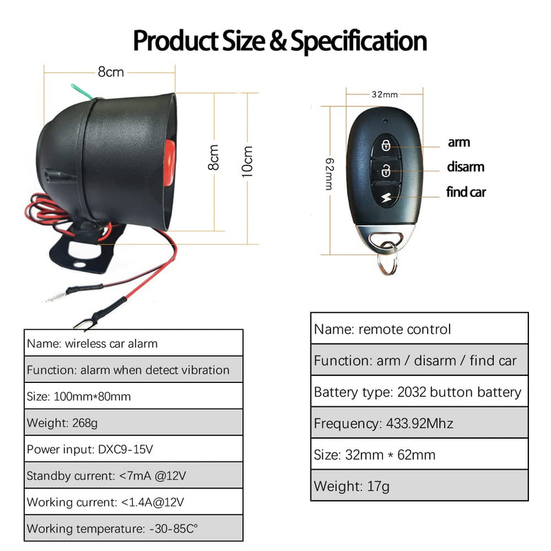 DIYV1 1-Way Wireless Car Alarm Vehicle Security System Anti-Theft Burglar Vibration Sensor Horn Siren Universal 12V Auto Anti-Theft Protection System Simple DIY Install Manual Control*2