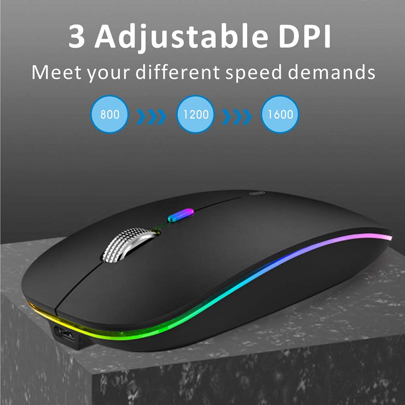 LED Wireless Mouse, Uiosmuph G12 Slim Rechargeable Wireless Silent Mouse, 2.4G Portable USB Optical Wireless Computer Mice with USB Receiver and Type C Adapter (Matte Black) Matte Black