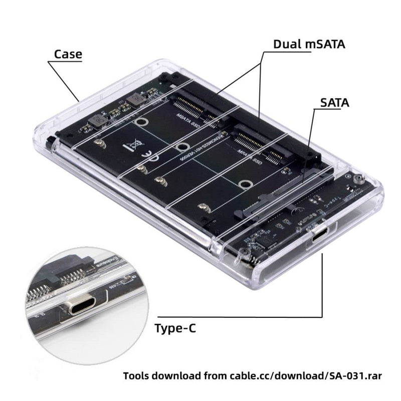 ChenYang MSATA SSD 2 in 1 Combo JBOD Adapter with 2.5" USB C Hard Drive Enclosure 2 MSATA to SATA with White Enclosure