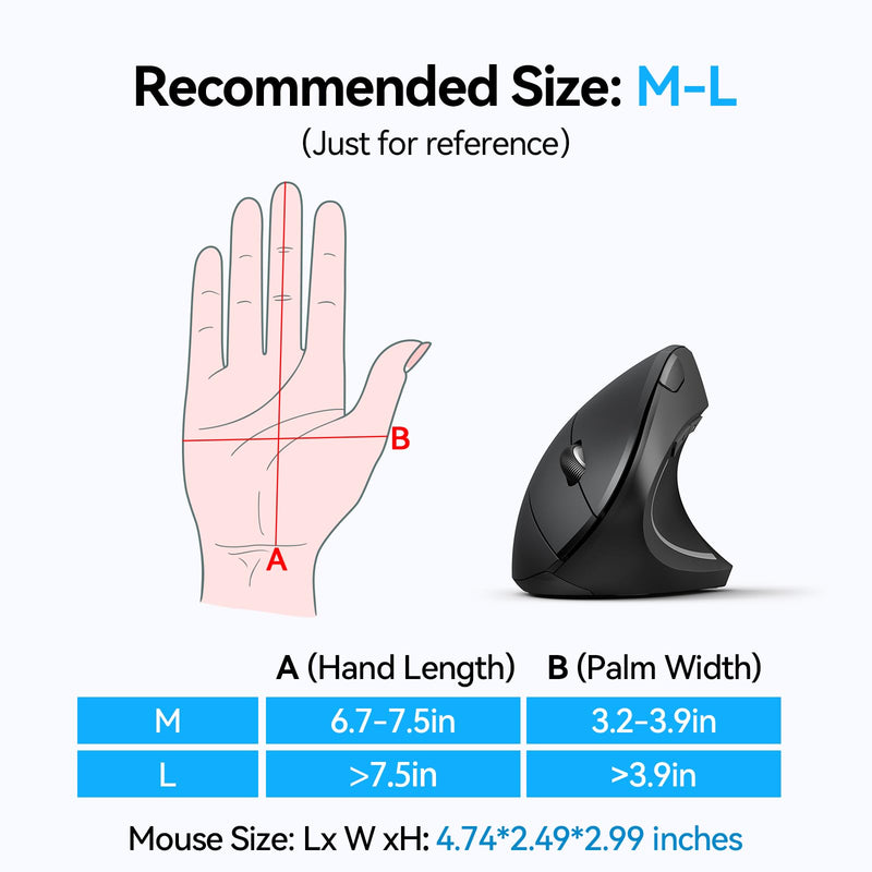 TECKNET Ergonomic Mouse, Wireless Bluetooth Vertical Mouse, 4800 DPI Silent Mouse with 6 Adjustable DPI Levels, 2.4GHz Optical Mouse, 6 Buttons Wireless Mouse for Laptop, Desktop, PC, MacBook Black