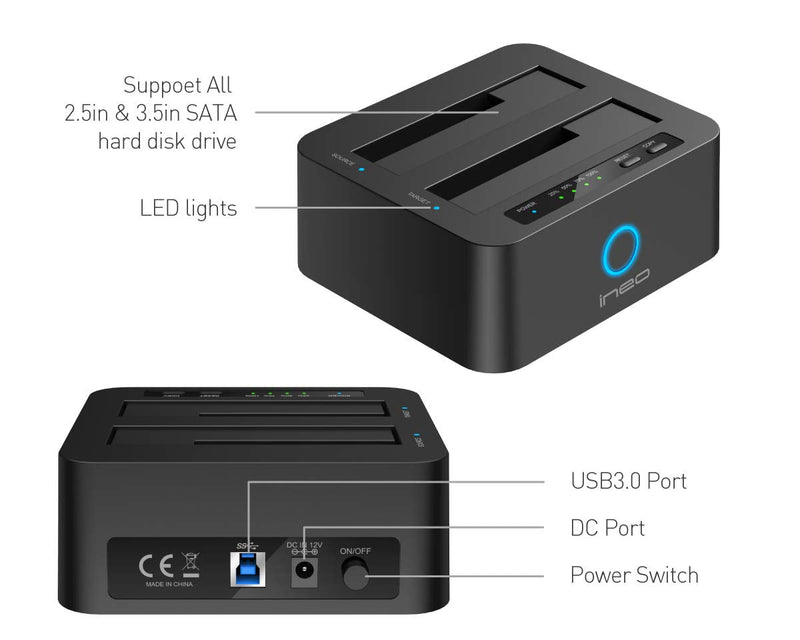 ineo USB 3.1 Gen1 to SATA 2.5" or 3.5 inch SSD/HDD Docking Station (Clone Docking)