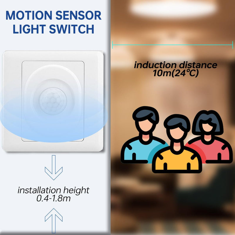 Acmerota PIR Motion Sensor Light Switch PIR Occupancy Sensor Switch 120 Degree Motion Sensor Light Switch with Occupancy Sensor Wall Mounted Automatic Switch 2 Core 50W 180V-240V