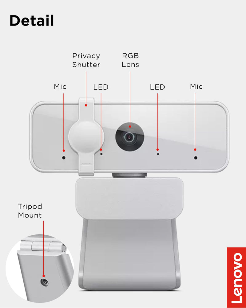 Lenovo HD 1080p Webcam (300 FHD) - Monitor Camera with 95° Wide Angle, 360° Rotation Pan & Tilt, Dual Microphones – Attachable Desktop Cam with Privacy Shutter for Remote Work, Streaming & Gaming Cloud Gray 300 FHD
