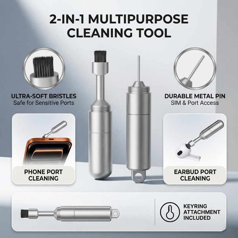 SIM Card Ejector Tool 2-in-1 Compact Metal Capsule with Removable Brush and Keyring Storage for Smartphones Tablets Travel, Silvery