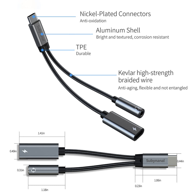 USB c to 3.5mm Headphone and Charger Adapter,2-in-1 USB C PD 3.0 Charging Port to Aux Audio Jack and Fast Charging Dongle Cable Cord Compatible with Samsung S21 S20 S20+ Ultra, Google Pixel 4 3 XL… 2Ports-gray