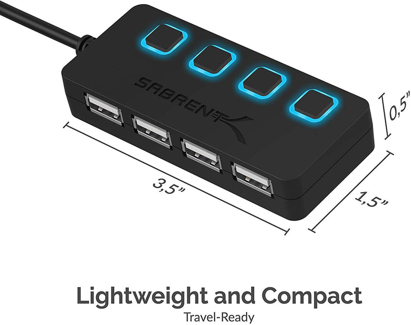 SABRENT 4-Port USB 2.0 Data Hub, LED Power Switches (HB-UMLS) | Individual LED-lit power switches; data only (charging not supported); for Mac & PC USB-A 4-Port