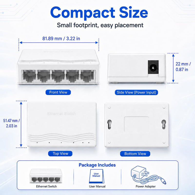 5 Port Gigabit Ethernet Switch, Unmanaged Network Switch, White | 10/100/1000Mbps Plug and Play Ethernet Splitter Hub, Compact White Fanless LAN Hub for Desktop, Home Office, Gaming and TV 5 port