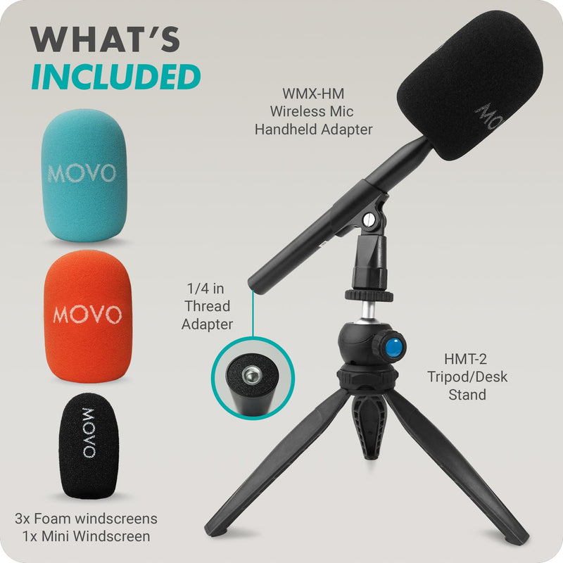 Movo WMX-HM Wireless Interview Microphone Adapter w/Mic Stand - Compatible with DJI Mic, Rode Wireless GO, Hollyland Lark, and More - Great for Podcasting, Interviews, Reporters, and Content Creation