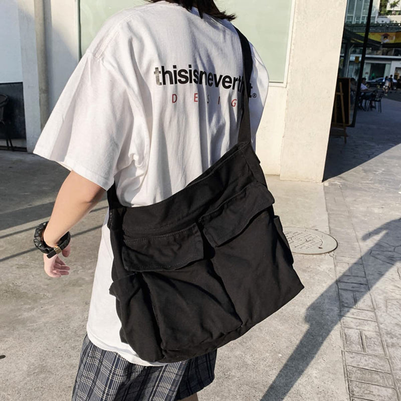 Aesthetic Cute Messenger Bag for School Vintage Black Canvas Crossbody for Women Shoulder Laptop Bag