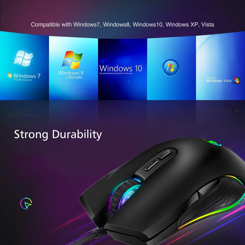 Ergonomic Gaming Mouse with 4 Backlight Modes up to 3200 DPI，RGB Wired USB Mouse with 7 Buttons for Laptop PC Computer Games & Work (USB Port) USB Port