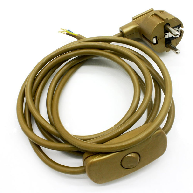 Power Cable with Plug and Switch 2 Metres Gold Connection Cable Power Cable with Cord Switch and Angled Plug 3 x 0.75 mm² 250 V G Length 2000 mm
