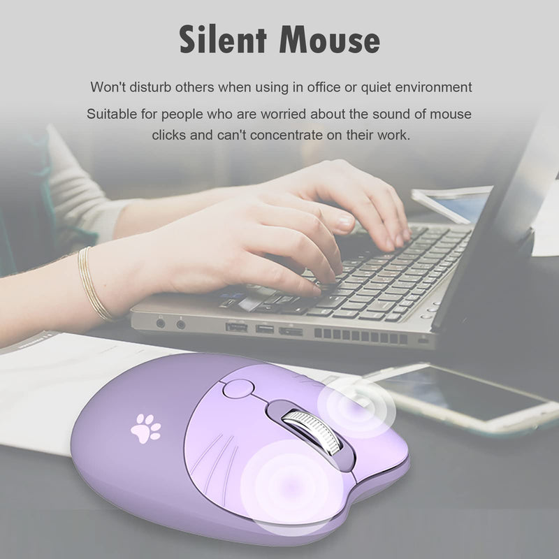 Cute Cat Wireless Mouse, Silent Mouse, 2.4G Wireless Mice, Candy Colors, Kawaii Mouse for Girls and Kids (Purple) Purple