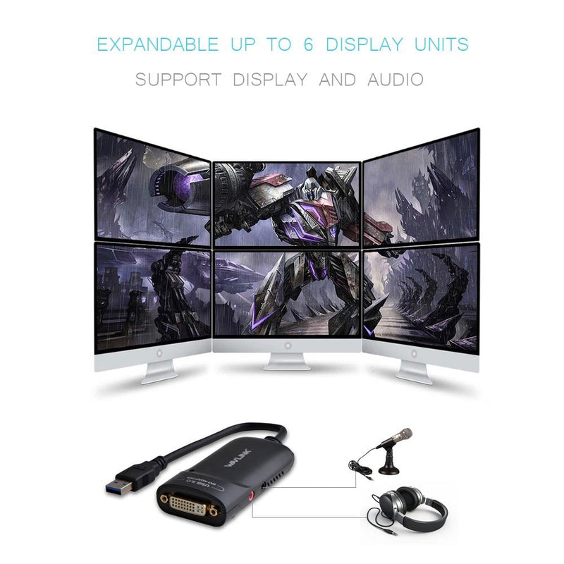 Wavlink USB 3.0 to HDMI/DVI/VGA Universal Video Graphics Adapter with Audio Port Supports up to 6 Monitor displays, 2048x1152 External Video Card Adapter Support Windows & Chrome OS USB to HDMI/DVI/VGA