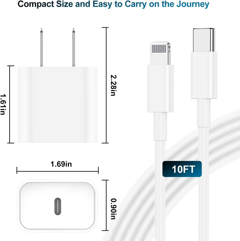 Phone Charger Fast Charging 10 FT, Long USB C to Lighting Cable 10 Foot with 20W USB C Rapid Phone Charger Block, Compatible with iPhone 14 Pro/13Pro Max/12/11Pro/Mini, 2 Pack White 2Pack 10FT