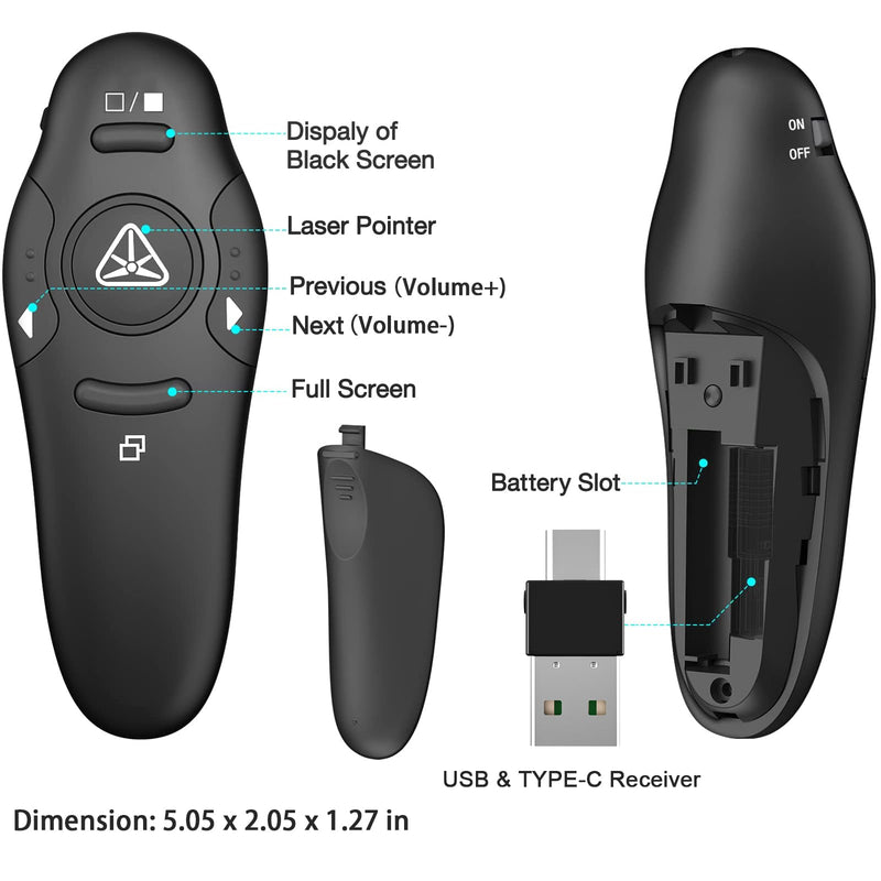 [AUSTRALIA] - 2-in-1 USB Type C Presentation Clicker Wireless Presenter Remote Clicker for PowerPoint Presentations with Laser Pointer, RF 2.4GHz USB C PowerPoint Clicker Slide Advancer for Computer/Mac/Laptop 