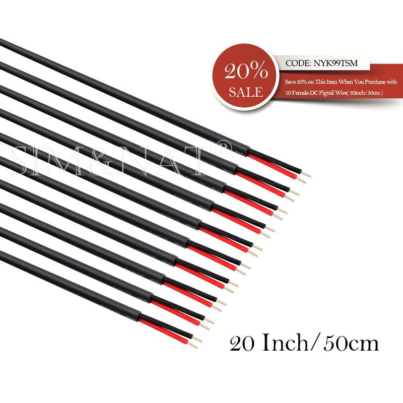 [AUSTRALIA] - SIM&NAT Male DC 2.1mm x 5.5mm Wire Power Pigtails Adapter Barrel Plug Socket Cables for CCTV Security Camera, DVR, Car Rearview Monitor System Video, LED Strip Light, Surveillance (20 inch / 50 cm) 