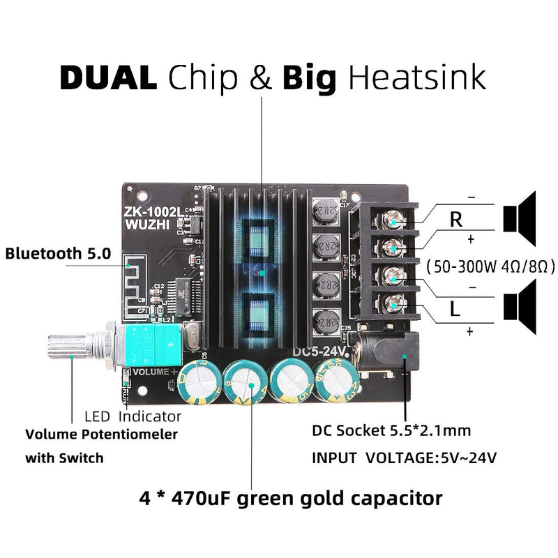 Bluetooth Amplifier Board, 100W+100W Peak Output Power, 2.0 Channel DC:8-24V, Password Free Connect, BT 5.0 AMP Board for DIY Wireless Speakers Board