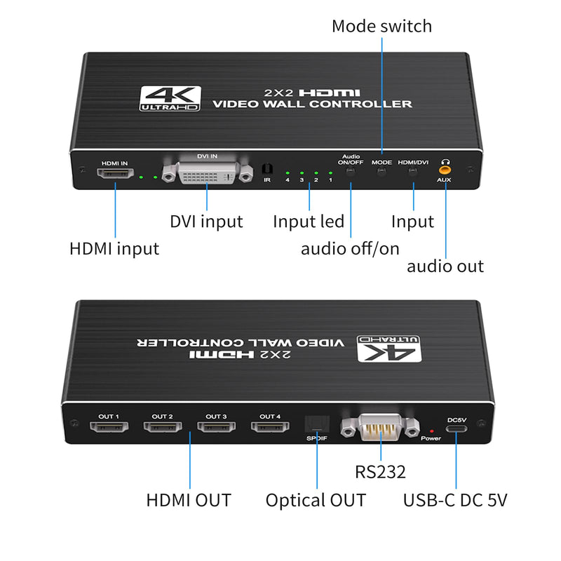 Video Wall Controller 2x2 4k, HDMI TV Video Wall Processor，4 tv Screens into 1 Wall Display with 180 Degree Rotate，Multiple tv Screens one Picture, 8 Splicing Modes 2x2,1x2,1x3,1x4,2x1,3x1,4x1
