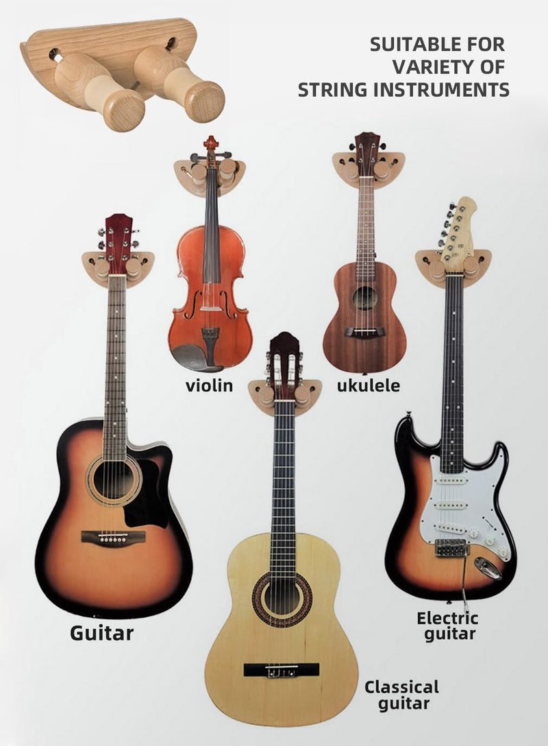 Guitar Hanger, Solid Wood Wall Mount Guitar Holder Adjustable Width Wall Hanging Stand for Guitar Bass Banjo Violin and More