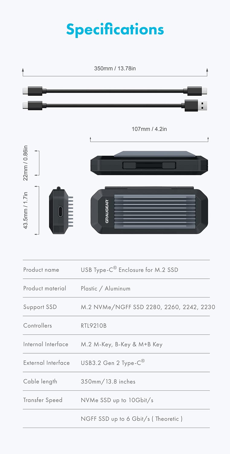 GRAUGEAR 10Gbps M.2 NVMe SATA SSD Enclosure Adapter, Tool-Free USB3.2 Gen2 External SSD Case, USB C to USB C/USB A Cables, M Key, B+M Key, RTL9210B for Size 2230/2242/2260/2280[G-M202-AC-10G]