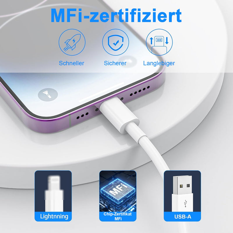 iPhone Charging Cable 2 Pack 1 M + 2 M USB to Lightning Cable MFi Certified for Apple Original Fast Charging Cable, for iPhone 14/13/12/11/Pro/ProMax/Mini/XS/XR/MAX/X/8/7/6/6s/Plus/SE/iPad Mini White