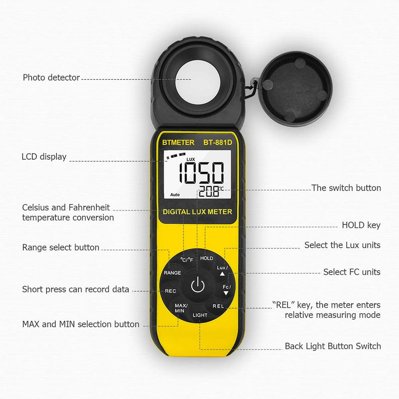 [AUSTRALIA] - BTMETER BT-881D Digital Illuminance Light Meter, Measure Lights 0.01~400,000 Lux (0.01~40,000 FC) Foot Candles Luxmeter with 270º Rotated Sensor for Plants LED Lights Indoor Outdoor Light Tester BT881D (0.01~400,000 Lux) 