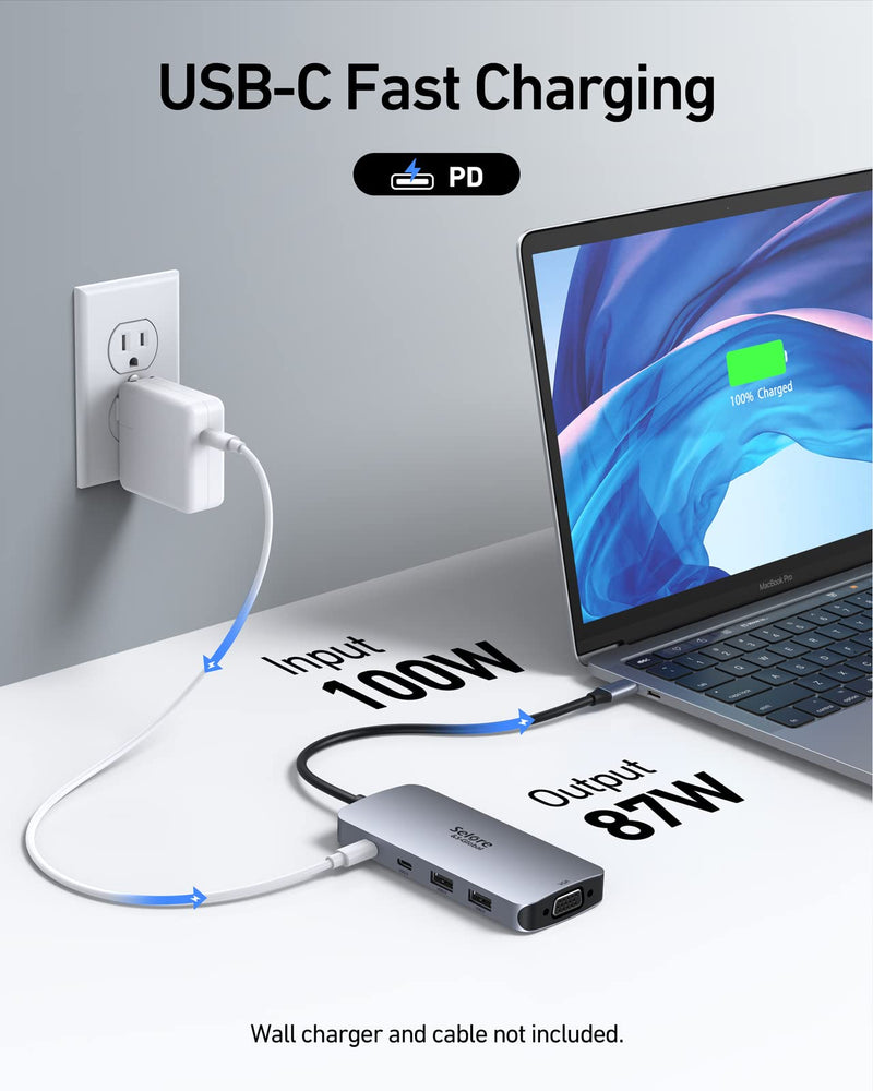 USB C Docking Station Dual HDMI Monitor Adapter, Selore USB C Hub 3 Monitors Adapter with Dual HDMI, Displayport, VGA, 100W PD Charging, 2USB A 2.0,USB C 2.0 Ports Adapter for Dell XPS,HP, Lenovo,etc Gray+PD
