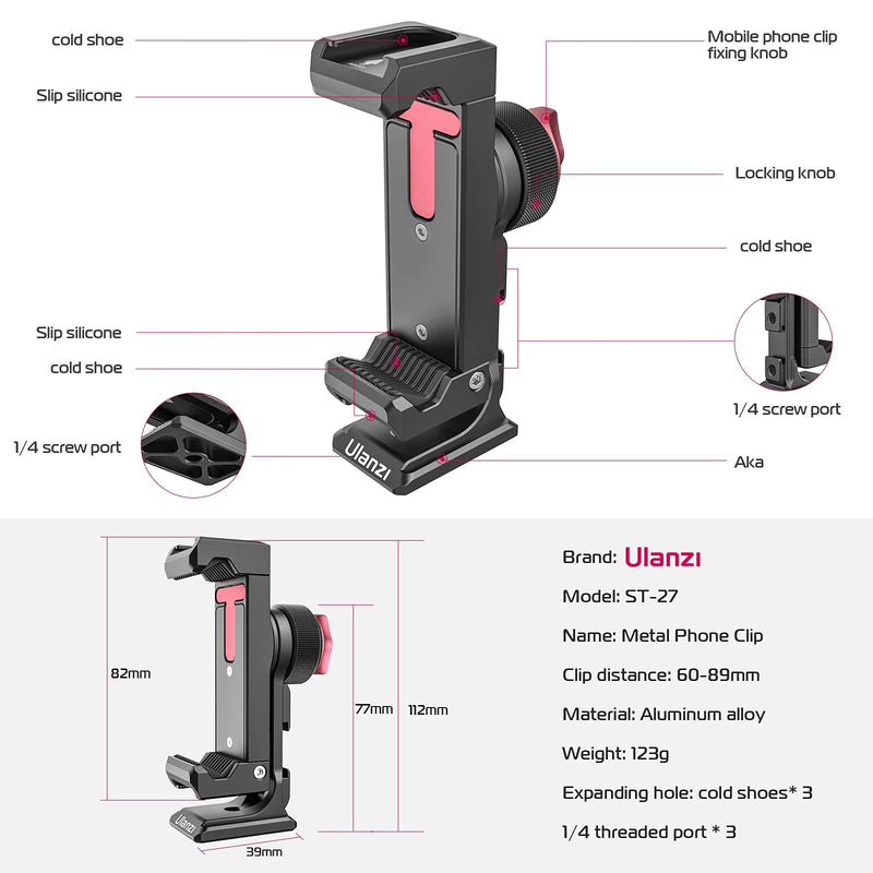 [AUSTRALIA] - ULANZI ST-27 Metal Phone Tripod Mount, 360° Phone Holder for Tripod w 3 Cold Shoes & Arca Port, Versatile Smartphone Adapter for iPhone 17 16 15, Desktop Tripods, and Live Streaming/Vlogging Setup 