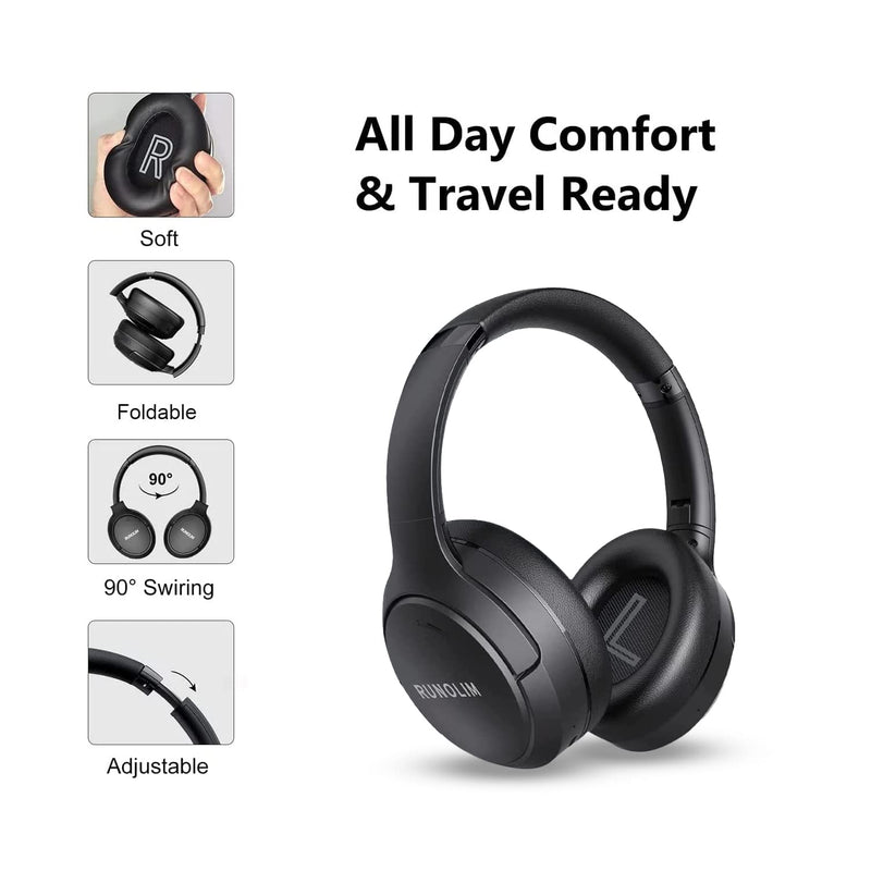 RUNOLIM Hybrid Active Noise Cancelling Headphones, Wireless Over Ear Bluetooth Headphones with Microphone, 70H Playtime, Foldable Headphones with HiFi Audio, Deep Bass for Home Travel Office Black