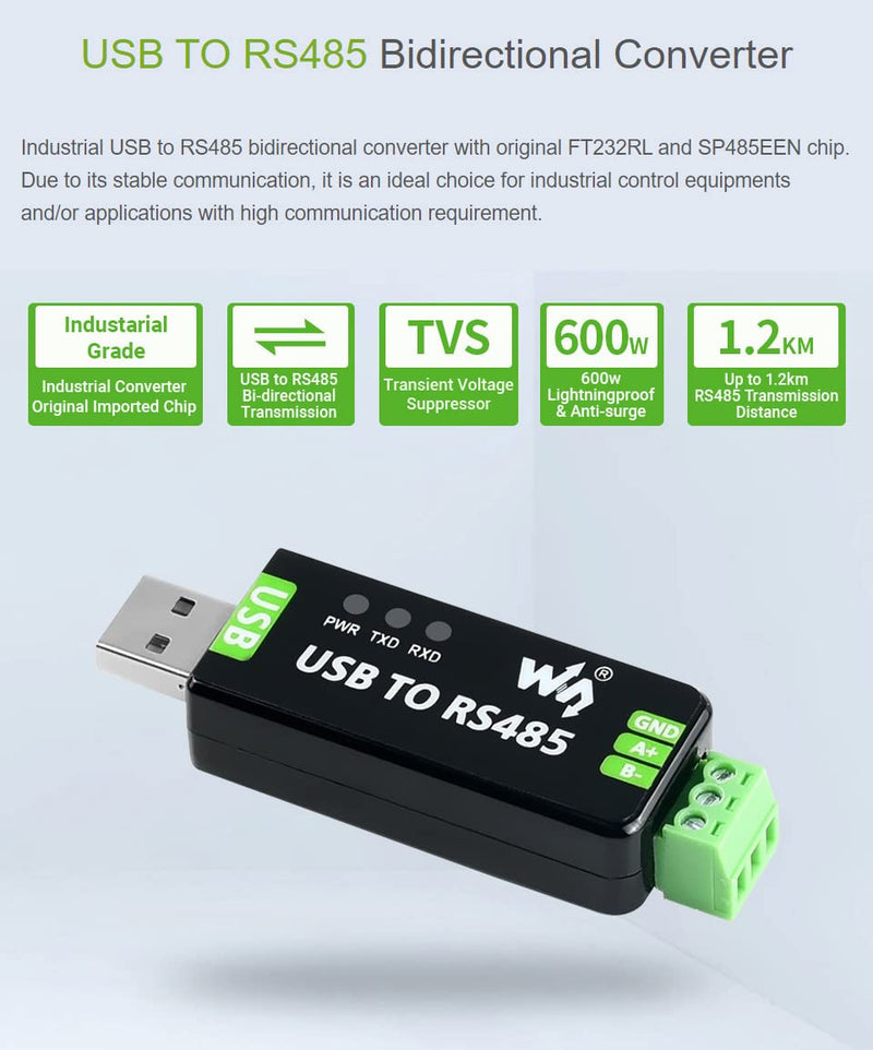 Waveshare Industrial USB to RS485 Converter with Original FT232RL and SP485EEN Embedded Protection Circuits for Industrial Control Equipments and/or Applications with High Communication Requirement