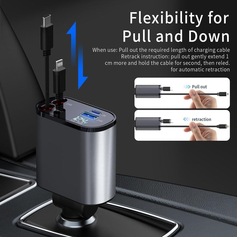 Retractable Car Charger, 4 in1 Fast Car Phone Charger 120W, 2.7Ft Retractable Cables and 4 Electronic Ports, Car Charger Compatible for iOS & Android Cell Phones All Device Charging