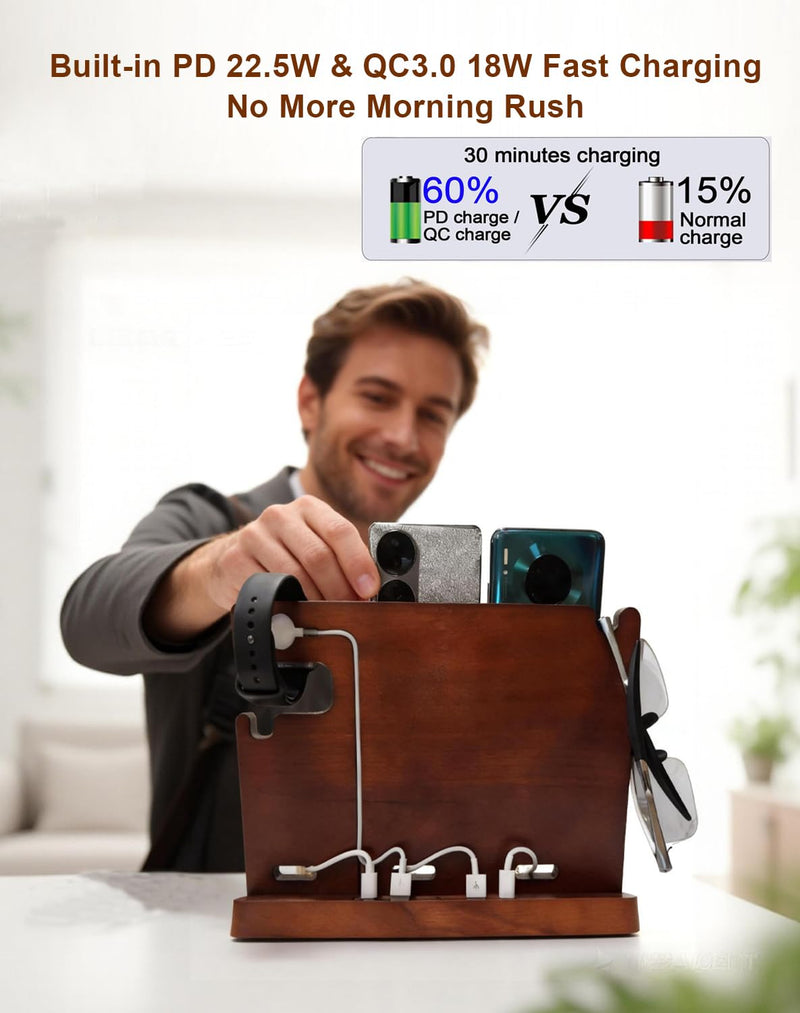 Wood Phone Docking Station with 4 USB 22.5W PD & QC3.0 Fast Charger,Nightstand Organizer for Men, Dual Phone Charging Station for iPhone Samsung Google Android,Anniversary Birthday Gifts for Men Him 8808