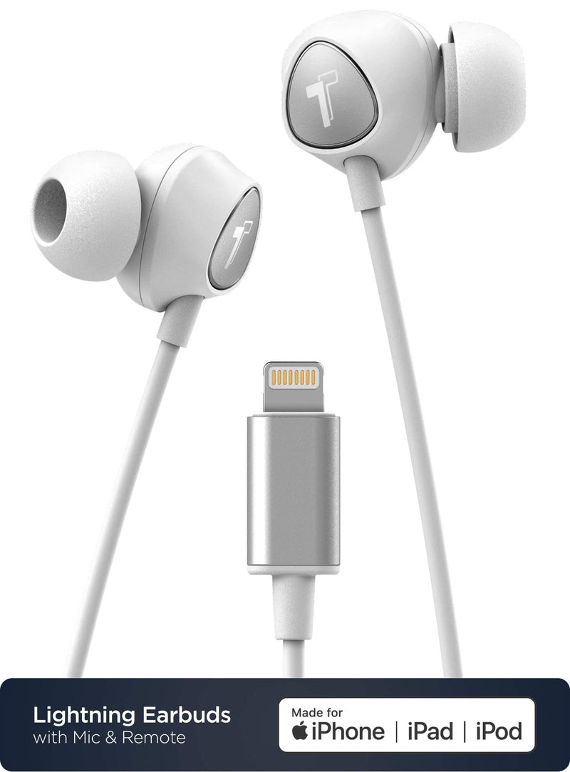 Thore iPhone Earbuds with Lightning Connector MFi Certified by Apple Earphones (V100) Wired in-Ear Headphones with Volume Control & Mic for iPhone X, XS, XR, 11, 12, 13, 14 Pro Max (White Silver) White
